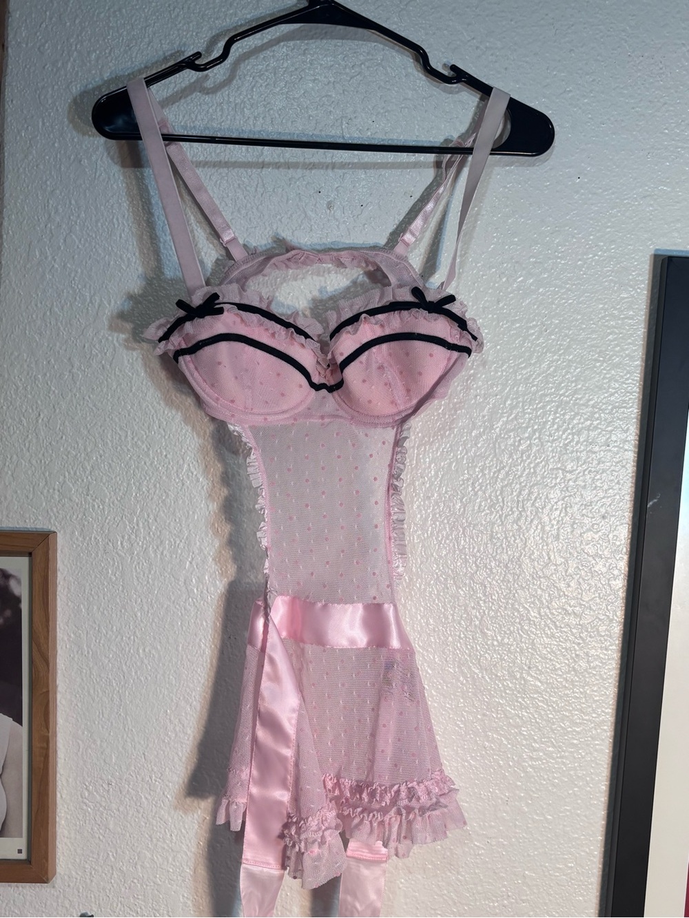 Victoria's Secret Pink Sheer Ruffle Chemise with Black Trim